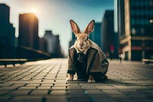 een konijn in een pak en stropdas Aan een stad straat. ai-gegenereerd foto