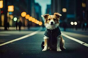 een hond zittend Aan de straat Bij nacht. ai-gegenereerd foto