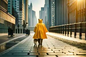 een persoon in een geel regenjas wandelen met een hond. ai-gegenereerd foto