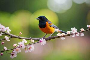 een vogel zittend Aan een Afdeling met bloemen. ai-gegenereerd foto