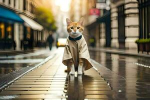 een kat vervelend een jas Aan een regenachtig straat. ai-gegenereerd foto