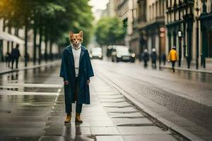 een persoon vervelend een vos masker Aan de straat. ai-gegenereerd foto