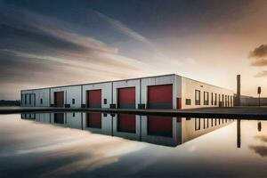 een groot industrieel gebouw met een reflecterend zwembad. ai-gegenereerd foto