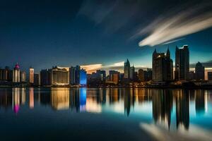 de stad horizon Bij nacht met een reflectie in de water. ai-gegenereerd foto