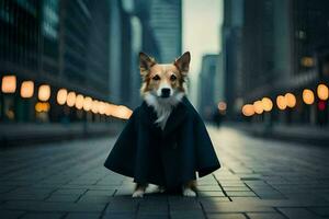 een hond vervelend een jas en staand Aan een stad straat. ai-gegenereerd foto