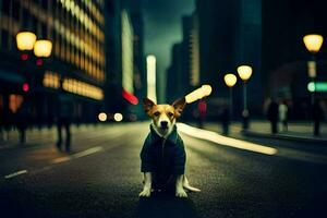 een hond in een pak staand Aan de straat Bij nacht. ai-gegenereerd foto