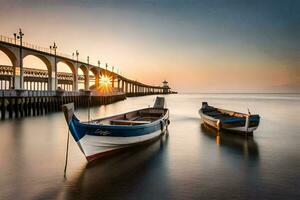 twee boten zitten in de water Bij zonsondergang. ai-gegenereerd foto