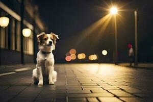 een hond zittend Aan de trottoir Bij nacht. ai-gegenereerd foto