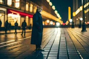 een vrouw in een jas staand Aan een straat Bij nacht. ai-gegenereerd foto