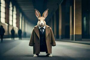 een konijn gekleed in een pak en binden. ai-gegenereerd foto