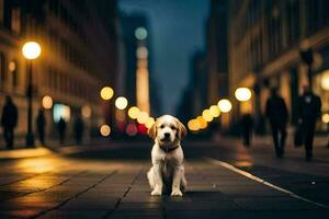 een hond is staand in de midden- van een stad straat Bij nacht. ai-gegenereerd foto