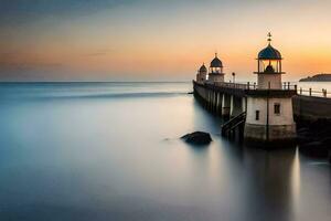 een lang blootstelling fotograaf van twee vuurtoren torens Aan de oceaan. ai-gegenereerd foto