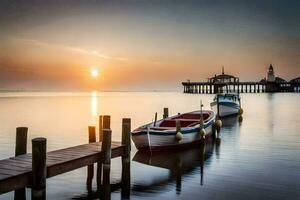 boten aangemeerd Bij de pier Bij zonsondergang. ai-gegenereerd foto