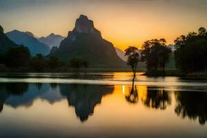 de zon stijgt over- bergen en water in China. ai-gegenereerd foto