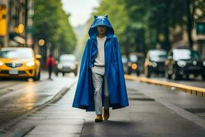 een Mens in een blauw regenjas wandelen naar beneden een straat. ai-gegenereerd foto