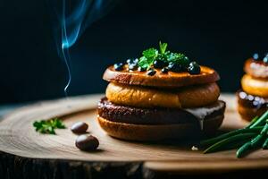 twee hamburgers met kaas en groen bonen Aan een houten bord. ai-gegenereerd foto