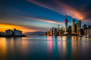de stad horizon Bij zonsondergang in sjanghai. ai-gegenereerd foto