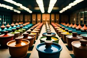 kleurrijk potten en kommen bekleed omhoog in een rij. ai-gegenereerd foto