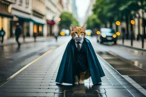 een kat gekleed in een pak en stropdas wandelen naar beneden een straat. ai-gegenereerd foto