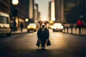 een hond in een pak staand Aan de straat. ai-gegenereerd foto