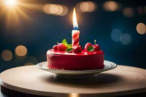 een rood verjaardag taart met een lit kaars. ai-gegenereerd foto