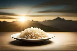 rijst- in een kom Aan een tafel met bergen in de achtergrond. ai-gegenereerd foto