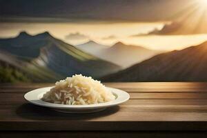 een bord van rijst- Aan een tafel in voorkant van bergen. ai-gegenereerd foto