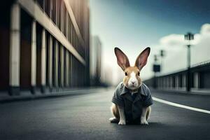 een konijn vervelend een overhemd en stropdas zittend Aan de straat. ai-gegenereerd foto
