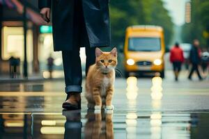 een kat wandelen Aan een nat straat. ai-gegenereerd foto