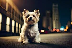 een klein wit hond zittend Aan de straat Bij nacht. ai-gegenereerd foto
