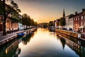 een kanaal in de midden- van een stad Bij zonsondergang. ai-gegenereerd foto