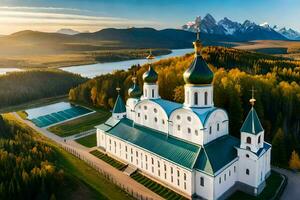 de Russisch orthodox kathedraal in de midden- van een Woud. ai-gegenereerd foto