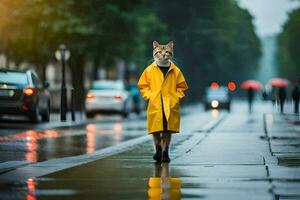 een kat in een geel regenjas wandelen naar beneden een straat. ai-gegenereerd foto