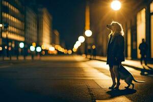 een vrouw en haar hond zijn staand Aan een straat Bij nacht. ai-gegenereerd foto