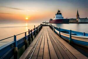 een boot is aangemeerd Bij de einde van een pier. ai-gegenereerd foto