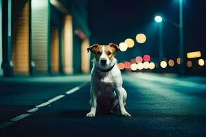 een hond zittend Aan de straat Bij nacht. ai-gegenereerd foto