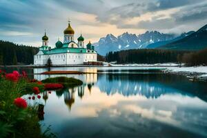 de Russisch kerk in de bergen is weerspiegeld in de water. ai-gegenereerd foto
