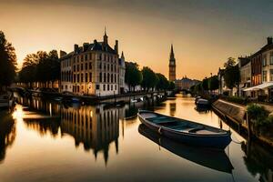 een boot is aangemeerd in een kanaal Bij zonsondergang. ai-gegenereerd foto