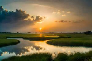 de zon sets over- een moerassig Oppervlakte met water en gras. ai-gegenereerd foto