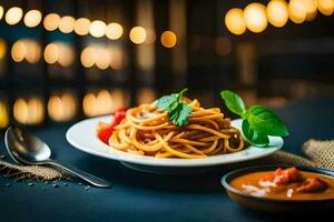 spaghetti met tomaat saus en basilicum bladeren Aan een bord. ai-gegenereerd foto