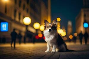 een hond zittend Aan de trottoir Bij nacht. ai-gegenereerd foto