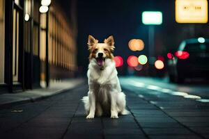 een hond zittend Aan de straat Bij nacht. ai-gegenereerd foto