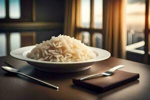 een bord van rijst- is Aan een tafel met een mes en vork. ai-gegenereerd foto