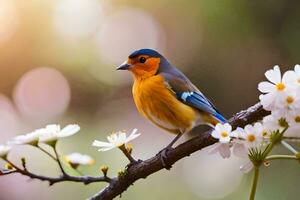een blauw en oranje vogel zit Aan een Afdeling met wit bloemen. ai-gegenereerd foto