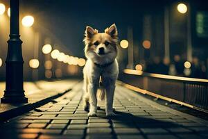 een hond is staand Aan een steen loopbrug Bij nacht. ai-gegenereerd foto