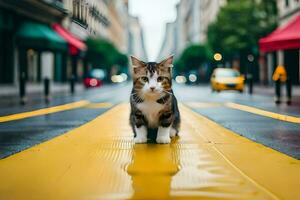 een kat is staand Aan een geel weg in de midden- van een stad. ai-gegenereerd foto