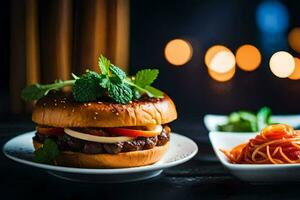 een Hamburger met groenten en een kant gerecht. ai-gegenereerd foto