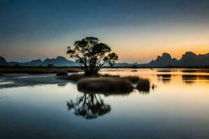 een eenzaam boom in de midden- van een meer Bij zonsondergang. ai-gegenereerd foto