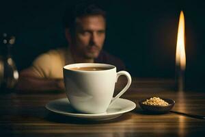 een Mens zit in voorkant van een kop van koffie. ai-gegenereerd foto