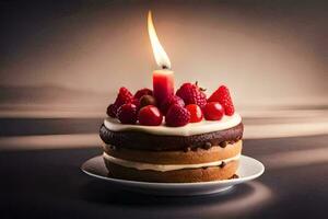 een verjaardag taart met een kaars. ai-gegenereerd foto